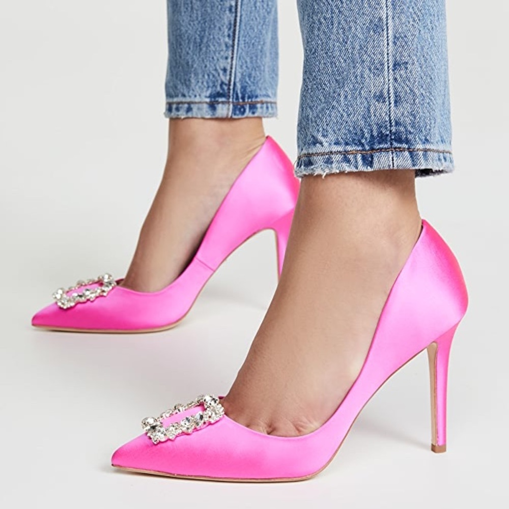 Badgley Mischka Cher hot pink crystal embellished satin pumps Size 10